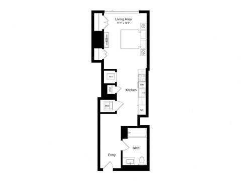 a floor plan of a unit with a living area, kitchen, and bathroom.